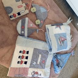 Lovely nursery set in good condition which includes 4 tog cot duvet, cot bumper, 3 hanging decorations (note pic 5 one needs sewing or could be dismissed) and a light hanger. Absolute bargain!