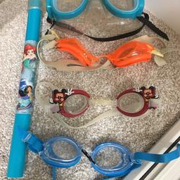 A lovely children’s Disney princess snorkel with goggles and also three other pairs of goggles, one orange(  one blue and one Mickey Mouse, all in perfect condition and they come from a clean and smoke free home, will sell separately or as a bundle for £5.