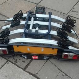 3 pushbike carrier rack that connects to your towball reason for sale no longer use it has i havent used it for 2 years ive lost keys to it but cant see that being a problem if u know how to replace the lock its got working trailer board straps to strap bikes on was quite dear when brought and still are 100 pound