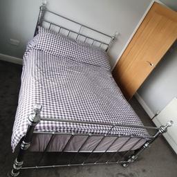 Dimensions: approx 145 x 210 cm (forgot to measure before taking it down!)
Bed sheets/pillows not included just to show how it looks .
Silver metal double bed frame and deep orthopaedic mattress, excellent condition, collection from DY1 - £200
dismantled ready for collection.