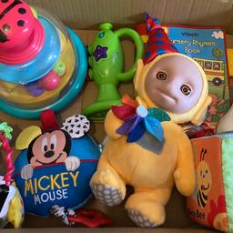Some used some never used pram toys soft book activity cube rattles ball musical book Mickey Mouse pull down musical melody player push down ball popper etc everything in in pictures £5
