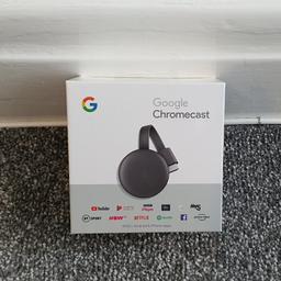 Google Chromecast V3 SmartTV Streaming Stick 3rd Gen **Unwanted gift and need gone**.

Stream from your device to your TV. Just like that. Plug Chromecast into the HDMI port on your TV and to power and stream your favourite entertainment right from your phone with just a tap.

What's in the Box:
- Google Chromecast Smart TV Streaming Stick V3 3rd Gen (GA00439-GB)
- UK 3-Pin Power Adapter
- USB Power Charging Cable
- Manuals

**Genuine Buyers please, offers welcome & need ASAP**