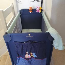 Gorgeous Winnie the Pooh travel cot. Can also be used as a playpen. Very sturdy. comes with Winnie, Tigger & Piglet mobile, matching fitted sheet. The bag on the front can be detached. Folds and fits into travel bag.
Excellent condition.
Collection Havant PO9 1HH.
Sorry no holding.