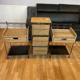 Vintage rattan storage set . 2 beautiful bedside tables with tempered glass tops, standing proud on iron legs with a matching 4 tier storage unit.
Unbelievable rare items at a bargain price Change of decor only reason for sale.
Can be collected from Manchester. Will consider delivery also