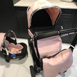 Mothercare journey pram goes from carrrycot for newborn to pushchair. Comes with car seat (no strap covers for the car seat) and matching change bag. Used and has some small marks on still in good condition though.