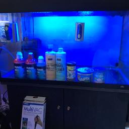 Fish Tank (36x50x80cms, 14x20x31.5inches) holds 144 litres (31.8 gallons. To include the cabinet, heater, filter, chemicals, magnet glass cleaners, battery aquarium cleaner, food and various other bits and bobs