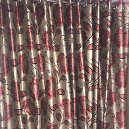 Pair of mink brown and red print in satin material. eyelet heading, fully lined, 487cm x 218cm (192” x 86”) each curtain. Very good condition (slightly faded on one edge of each curtain) x2 
7ft-9inch brushed poles with all fittings
Open to reasonable offers
