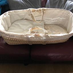 Neutral cream Moses basket with hood comes with new mattress cover and wooden rocking stand all new still in packaging £25 collection Elm Park
