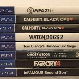 Ps4 games all in excellent condition
Fifa 21
Call of duty black ops
Watch dogs 2
Farcry 4
8 games in total bargain price.
Cash on Collection or can post 1st class sign for