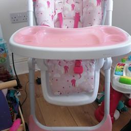 Gorgeous unicorn highchair bought from argos.
Removable tray and 6 height settings.
Used but in great condition.
Cash on Collection please