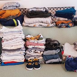 Big bundle of baby boys 6 to 9 months clothing and shoes:
16 bottoms
4 pj sets
21 onsies
4 dungrees
1 shorts
39 long and short sleeved vests
36 tops (long and short sleeved)
1 short sleeved hoodie jacket
4 winter jackets never worn
2 6 to 12 months 2.5 tog sleeping bags
1 swimsuit
1 pair of 6 to 12 months new shoes
 Socks
Brand new mam dummies set
Hats

130+ items
From various brands incl Next, Tu, Boots,Jojo Maman, Tesco etc, all weather clothes

Everything is in clean ready to wear condition.