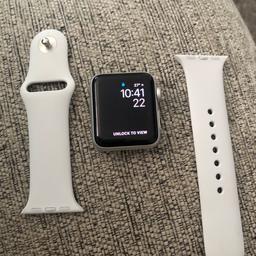 Apple Watch series 3 - Silver Aluminium with white Sports Band. 

Watch is just over a year old (bought new)
No scratches or scuffs as it has had a protector on from new

Comes with a charger (no plug)

Works perfectly with no issues and comes with original box

Only selling due to upgrading

Collection from Swinton/ Clifton area or local delivery