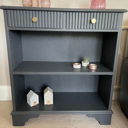 A useful shelving unit which has been newly painted using a custom mix of Frenchic paint.  Gold drawer pulls have been added.  The unit has been waxed for added protection.
Measurements:- 75cm wide, 29.5cm deep and 84cm tall.