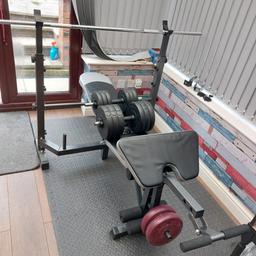 weight bench, used very little. no rips etc. just a bit dusty. Includes long bar and set of dumbells with 6x 2.5kg, 6x 1.25kg. also some additional 2x 6.5kg, 2x 1.25kg weights. 

All dismantled ready for collection. Assembly instructions included.