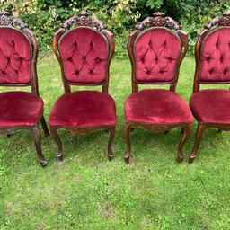 Victorian French Style Chair set ( 4 pcs ) Beauty Wood Velvet Burgundy / Red Antique Vintage. Condition is "Used". These will need to be refurnished / varnished peeled of ( see image ) the velvet is in good condition with no holes , the frame can do with tightening up a little , owned the four for more than 30yrs , table was sold 6 yrs ago.

The price is for four / no splitting

Open to offers

Collection in person only.

May delivery for a agreed price within a 15 mile radius