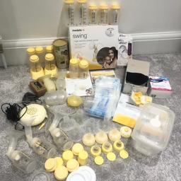 Medela Breast Pump
Mains Adapter/Plug
PersonalFit Flanges (21mm and 24mm) 
Component Connector x 3
Valve Head x 10
Valve Membranes (around 14)
Bottle 5oz x 13
Bottle 8oz X 2
Bottle Stand x 2
Swing Tubing x 2
Lids (around 22)
Calma Teat x 3
Standard Medela Teat x 3
Haaka Suction Pump
Haaka Pump lid/stopper
Nature Bond Suction Pump
Microwave Box Steriliser  
Microwave Bag Steriliser
Nature Bond Reusable Breast pads 
Milton Tablets x 20
Avent Breast Shell Set
Medela Nipple Shields 
Boots Nipple Shi