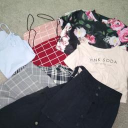 Excellent condition from smoke and pet free home collection only SY14YJ. H&M 2 x skirts and dungaree dress, Shien 2 x tops and trousers, Silk Silk top, Pink Soda top and top Primark. 9 items.