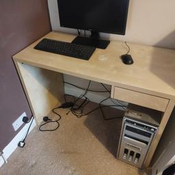 Birch effect desk with small drawer in fair condition.
105cm wide X 50cm deep X 75cm high.
Good condition except for centre top where mouse batteries leaked, doesnt affect use - see images.
Dismantled both for easy collection.

* Desk only, screen and pc not included.

If local: could deliver subject to distance