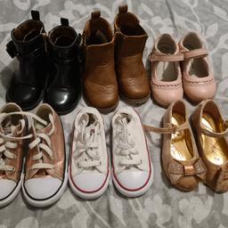 2 pairs of converse 1 white 1 metallic pink both size 8.
Black patent Ted Baker boots 7 - bit scuffed on toes and worn at the back.
Tan boots 7 great condition
Ted baker suede effect pink shoes 7 some marks but confident they will come off in the right hands.
Pink startrite walkies size 7 - scuffed toes

Great for nursery