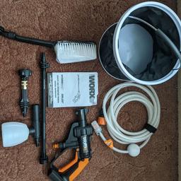 pressure washer, with all the accessories, collapsible bucket and battery with charger. comes in a handy net bag for transportation. Paid £150 for it new, only used once.