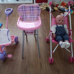 Great condition baby role play set. Comes with bike that makes noise and toots and can push baby around, high chair so can pretend to feed baby and pram which folds up nicely and can come anywhere with you.
Collection only from a smoke and pet free home in South Ockendon.