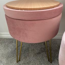 Pink footstool with gold legs and with storage, turn the lid for a footstool or stool. Total height is approx 45cm. Width is 37.5cm. Can collect or we can deliver if local.