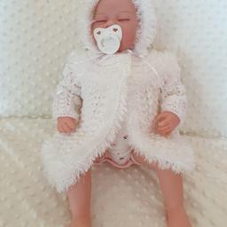 Beautiful babies eskimo matinee jacket set made in white age 0-3months also gift wrapped ready to give as a gift 🎁 
Looking for beautiful baby gifts/baby shower pop over to www.facebook.com/groups/njsbabycreations and join our growing group. We also offer delivery and postage. New stock added daily