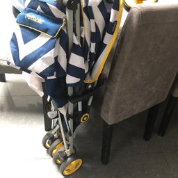 Hardly used - like new My babiie stroller.
Striking design - blue and white chevron with yellow detail.
Large hood - swivel wheels - comfortable handles - pics show next to no wear and tear on handles and tyres as didn’t use much due to lockdown.  Child has outgrown this no longer needed.
Smoke and pet free home some scuffs and marks due to storage.