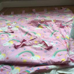 Tab top pink Unicorn and rainbow curtains with matching shade and tie backs. 125cm drop 160cm width x2
Collection only