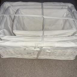 3 x brand new cream lined storage baskets, cost £15. Largest measures 42cm x 31cm, smallest is 28cm x 18cm. No offers collection only wombwell.