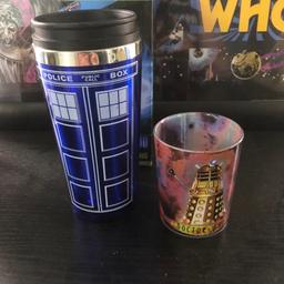 TARDIS Travel Mug still in original box, with Dalek Cup that lights up when red button is pressed (new batteries required).