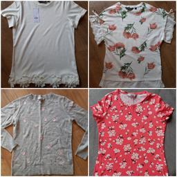 Dorothy Perkins tops size 8
cream top new with tags £10
grey jumper with pink flowers barely worn £10
cream flower top barely worn £8
Red tshirt £4
all from smoke and pet free home 
Collection oakworth or keighley centre