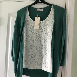 M & S top size 16 - teal cardigan attached to cream lace top