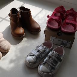 1 pir of brown boots, gold glitter detail and inside zip fastening
1 pair of velcro pink slippers 
1 pair of clarks pink velcro sandals 
1 pair of next silver velcro pumps (worn once!) 
all great condition just a couple of slight scuffs on the boot toes
£10 for all