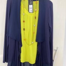 Navy blue waterfall cardi with yellow sleeveless top and a contrast necklace. Never worn. Labels attached. Please see all photos. BL4 Farnworth. If you require postage please ask before making offer. Thanks very much.