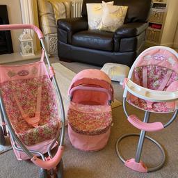 Baby Annabell bundle in good condition as follows:

Stroller
Carrycot
Highchair

Local collection only. No deliveries and unable to post due to size.