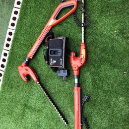 Garden hedge trimmers in good condition. Both pairs work and come with a rechargeable battery pack and carry strap . Both pairs are height and angle adjustable 