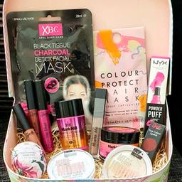Mixture of make up!
NYX, Obsession, Sleek, Mark hill
Joules bath soap
face mask
Hamper box will be gift wrapped with celephene and a bow!