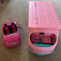 Pink Barbie sports car, and pink Barbie camper van. The van opens up so you can play with dolls inside.
Good condition but used- some pen marks on the front of the van.