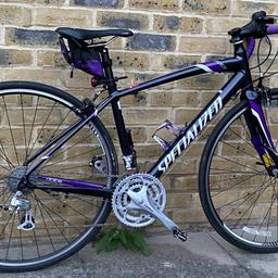 cm frame 
Excellent condition all round 
Rust free been kept indoors 
3x8 speed Shimano gear-set 
700cc wheels with good condition tyres 
Cleat pedals 
Lights 
Drink holder 
Bag and pump 
Collection E14 or SE17