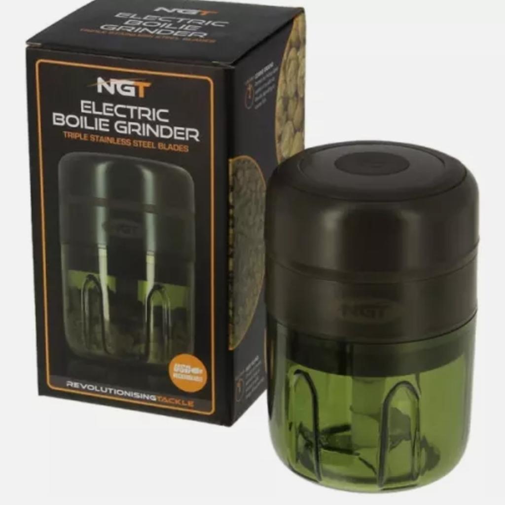 NGT Electric USB Rechargeable Boilie Grinder
NEW!  Ideal for making crumb for PVA bags, sticks or spod mix bankside. Three razor-sharp blades rapidly slice and chop boilies into fish attracting feed.  (The longer you run for, the finer the crumb you will achieve.)  This is USB powered so just charge up with a power bank when needed.  A very handy addition to any carp angers arsenal.
• Heavy-duty 1200mAH USB rechargeable lithium battery
• Powerful 30W, 5V/1A high torque electric motor with auto c