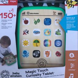 BRAND NEW BOXED AND SEALED

-Tap the wooden 'tablet' to start exploring
-Easy to grasp baby toy for on-the-go
-Plays 150+ melodies and introduces three different language
-Screen-free wooden toy for long-lasting fun
-6 months toy to toddler toy

With the magic touch curiosity tablet your little one can launch into a world of discovery from her very first device. just a tap of an 'app' on this magical wooden toy starts the fun. from colours and numbers to first words in three different languages, this tablet toy is a tool that encourages development of fine motor skills with every press of a tile. baby einstein friends will introduce your little one to 150+ melodies and sounds to help stimulate his senses. the durable design of this wooden toy means you will not have to worry about cracked screens or protection plans. baby will love to discover something new with every touch of this unique musical toy.