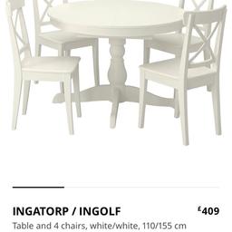 IKEA white Table & 4 chairs
Used but in good condition a few scratches 
RRP £400.00
£170.00 Ono 