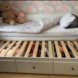 ikea hemnes day bed white with three drawers comes with two mattresses. Excellent used condition minor wear and tear, one drawer sticks. Great price for unit and mattresses. Collection only m23 brooklands.