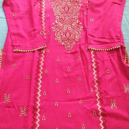 brand new bright pink or hot pink embroidered winter suit with samosa piping all round shirt with shalwar and shawl perfect for casual and party wear size is xlarge just a stain on neck which can be washed easily its may be due to storage price is £20 which is a bargain as u know nowadays just stitching cost £20