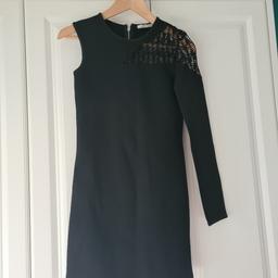 Zara trafaluc lbd size small, stretchy material little black dress with one sleeve and ripped / mesh shoulder, zip fastening at back