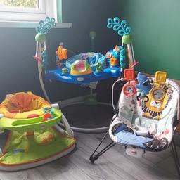 Jumperoo, sit me up seat, bouncer and also got a swing seat and a playmat but haven’t got a picture of them 2, all in excellent condition, will deliver locally.