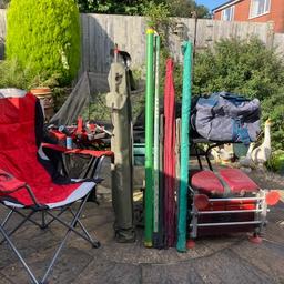 Course Rod, Sea, Rod, CarpPole, Large Umberella, Reel, Floates, Lines, Hooks and Weights, Large Net, Stool Box with accessories and foot rest.  Sold as Seen in picture.  Bargain Job Lot £60.00 quick sale.