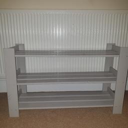 grey wooden shoe rack
(shoes for size reference)
used but excellent condition