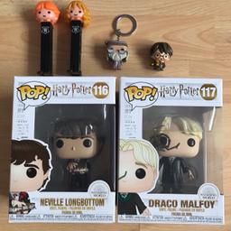 I am selling this small collection of Harry Potter collectibles.
Included in this bundle is;
- number 116 Neville Longbottom funko pop.
- number 117 Draco Malfoy funko pop.
- Ron and Hermione Pez.
- Harry Potter pencil topper.
- Albus Dumbledore funko pop keychain. 

Please note: the funko pops in the boxes have been taken out of the boxes before, however they do come with the boxes but the boxes aren’t fully sealed. 

I would be willing to sell items individually.
Funko pop RRP is £10 each.